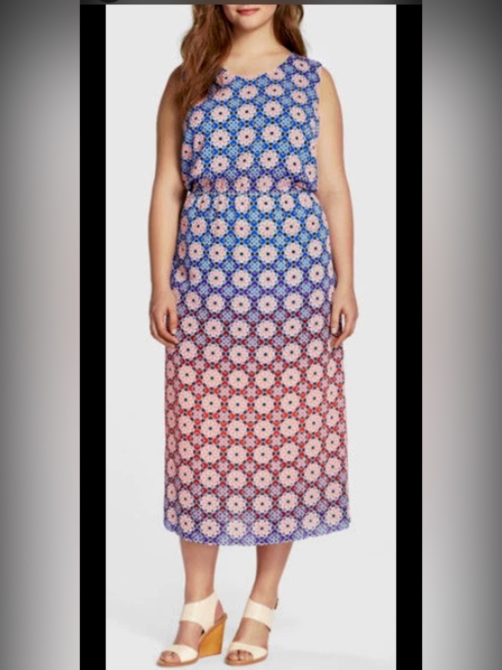 Vince Camuto Valencia Blue Ombré Geometric Printss Sleeveless Midi Dress 3X